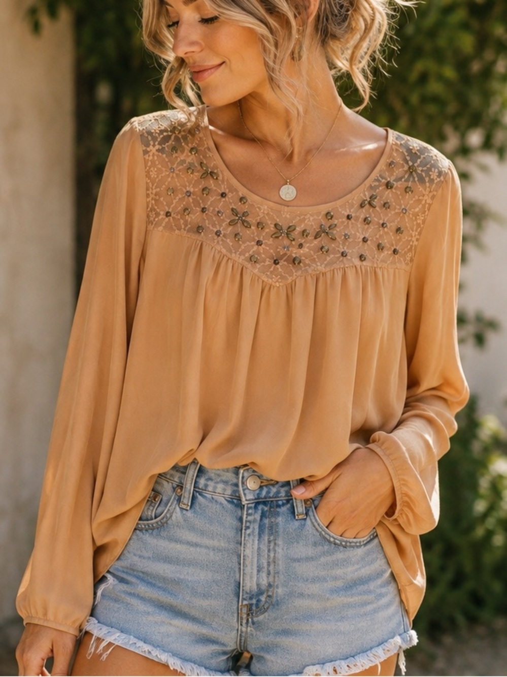 BKE Boutique Embellished Lace Yoke Blouse Medium Tan Boho Sheer Long Sleeve Top